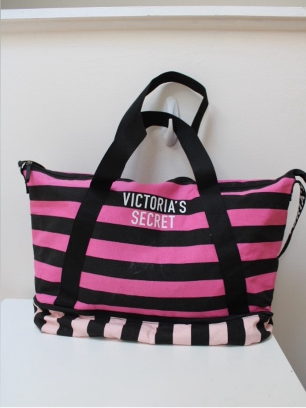 Victoria's Secret Pink and Black Striped Canvas Tote